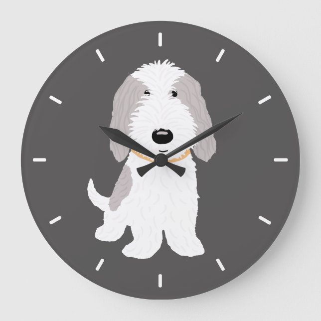 Cute PBGV Grey and White Cartoon Pet Dog Large Clock (Front)