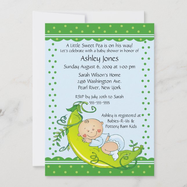 Cute Pea Pod Baby Boy Baby Shoy Invitations (Devant)