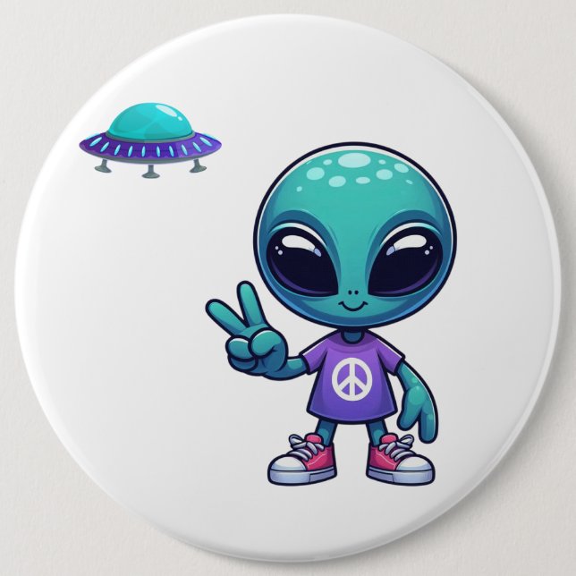 Cute Peace Alien & Space Ship 6 Inch Round Button (Front)