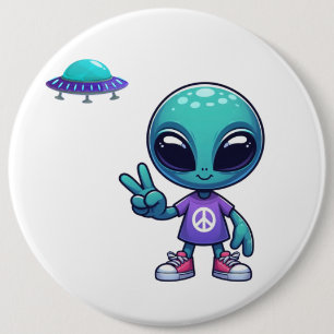 Cute Peace Alien & Space Ship 6 Inch Round Button