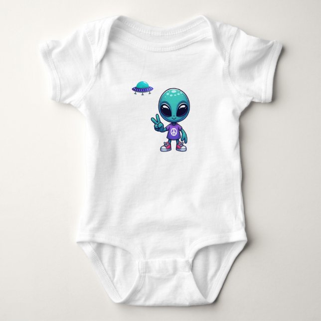 Cute Peace Alien & Space Ship Baby Bodysuit (Front)