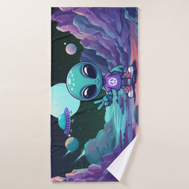 Cute Peace Alien & Space Ship Bath Towel (Bath Towel)
