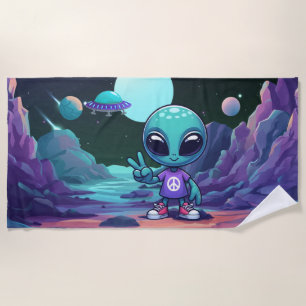 Cute Peace Alien & Space Ship Beach Towel