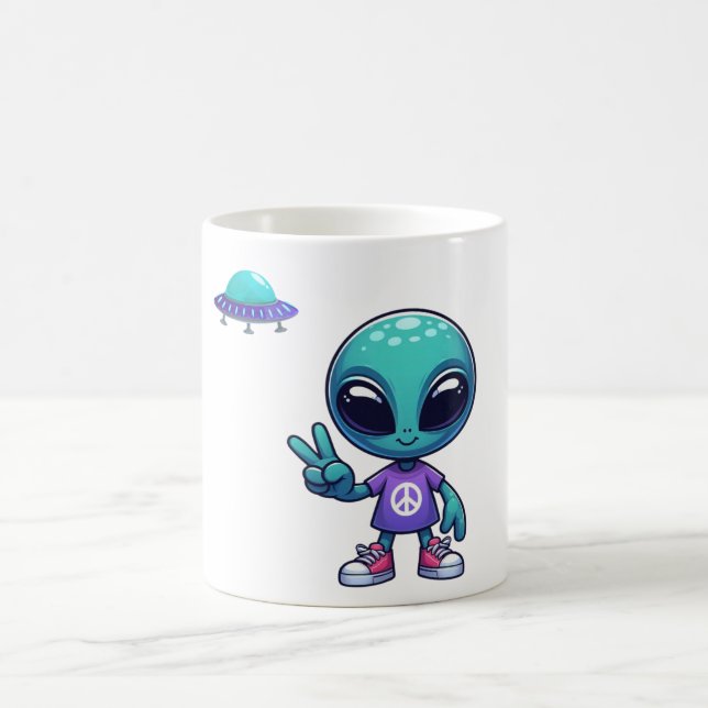 Cute Peace Alien & Space Ship Coffee Mug (Center)