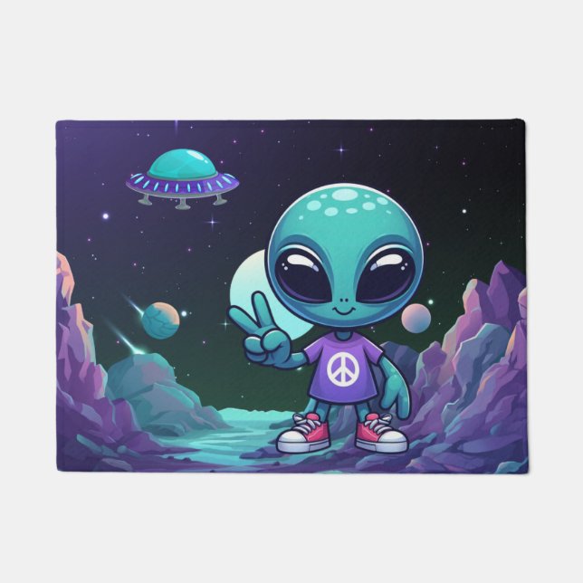 Cute Peace Alien & Space Ship Doormat (Front)