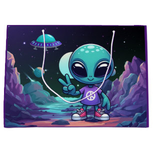 Cute Peace Alien & Space Ship Large Gift Bag