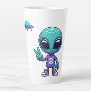 Cute Peace Alien & Space Ship Latte Mug