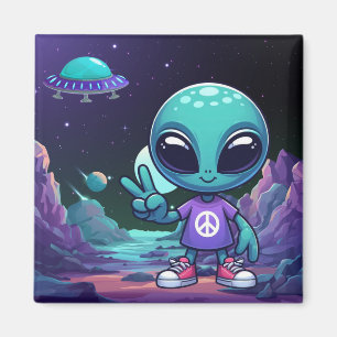 Cute Peace Alien & Space Ship Magnet