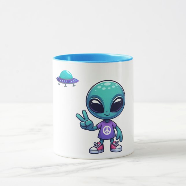 Cute Peace Alien & Space Ship Mug (Center)