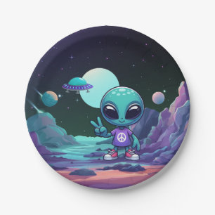 Cute Peace Alien & Space Ship Paper Plate