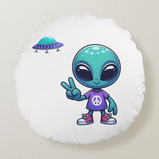 Cute Peace Alien & Space Ship Round Pillow (Front)