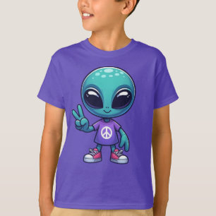Cute Peace Alien & Space Ship T-Shirt