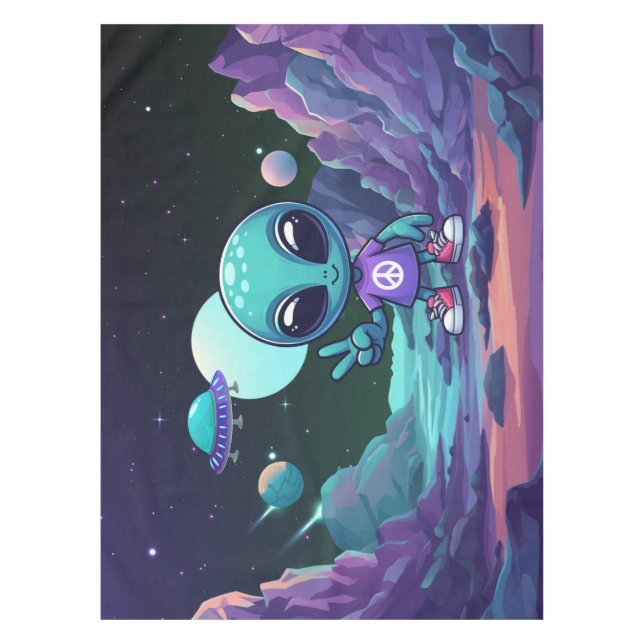 Cute Peace Alien & Space Ship Tablecloth (Front)