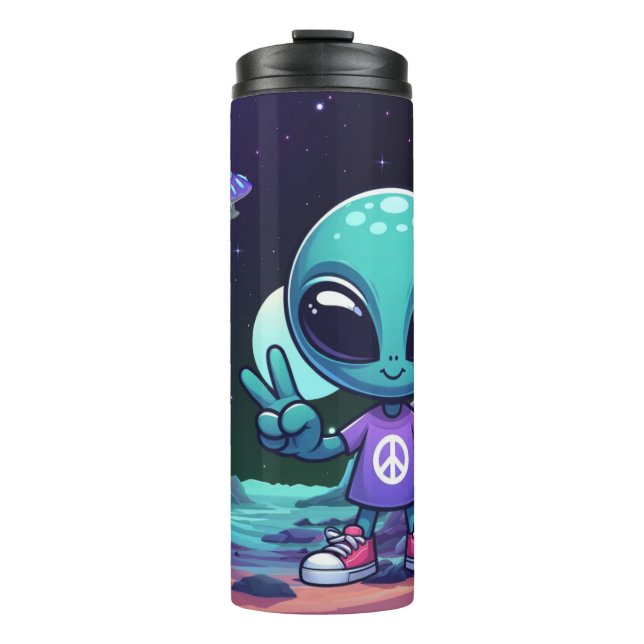 Cute Peace Alien & Space Ship Thermal Tumbler (Front)