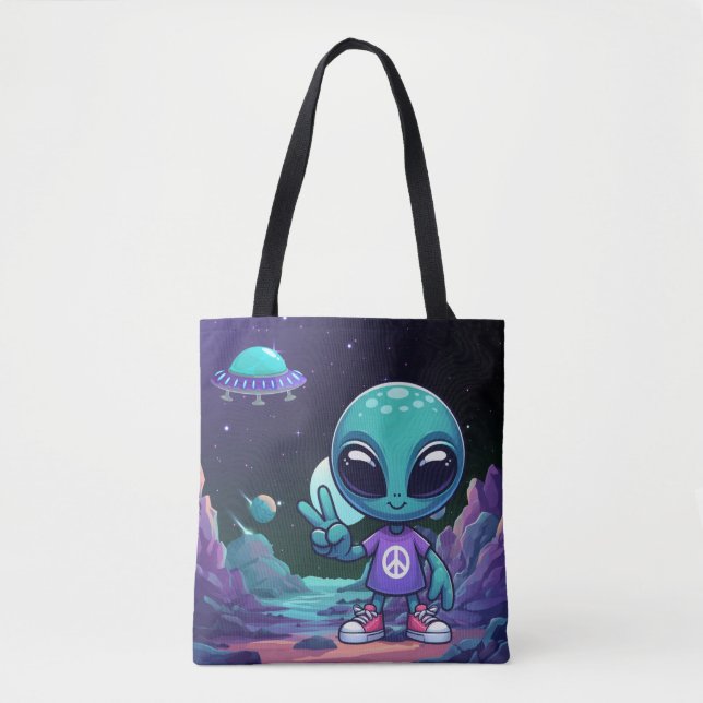 Cute Peace Alien & Space Ship Tote Bag (Front)
