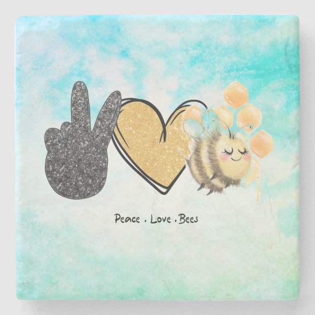 Cute Peace Love Bees  Stone Coaster (Front)