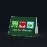 Cute Peace Love Dinosaur Christmas Holiday Card<br><div class="desc">Peace Love Dinosaurs card for a dino lover. Features a green peace sign,  red heart,  and a cool apatosaurus. A great card for a paleontologist to send to paleontology friends.</div>