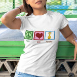Cute Peace Love Giraffe Women's T-Shirt<br><div class="desc">Peace Love Giraffes t-shirt for an outing to a zoo or safari. Pretty green peace sign,  red heart,  and cartoon giraffe.</div>