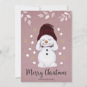 Cute Peaceful Snowman Pink Christmas Holiday Card