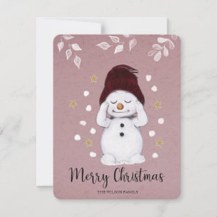 Cute Peaceful Snowman Pink Christmas Holiday Card