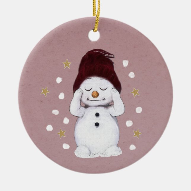 Cute Peaceful Snowman Pink Christmas Holiday Ceramic Ornament (Front)