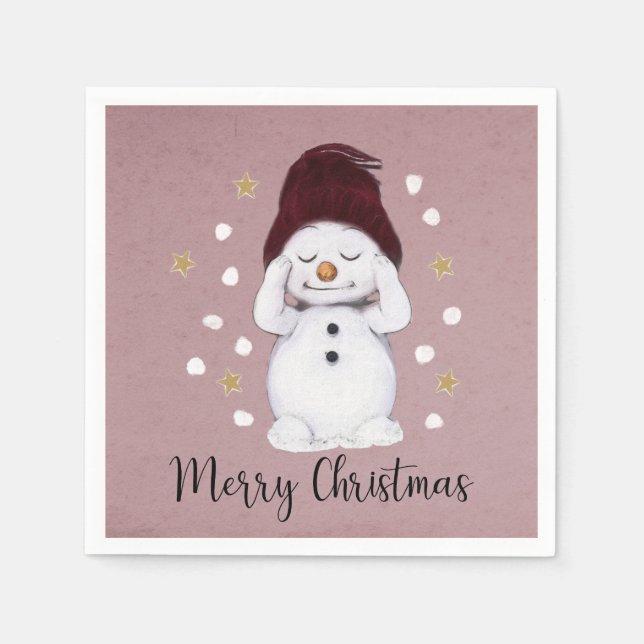 Cute Peaceful Snowman Pink Christmas Holiday Napkin (Front)