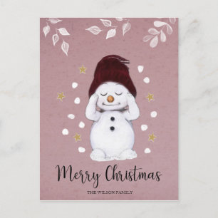 Cute Peaceful Snowman Pink Christmas Holiday Postcard