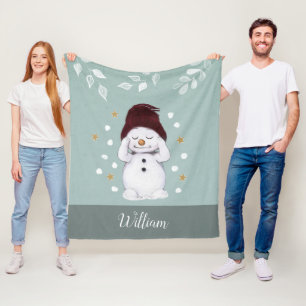 Cute Peaceful Snowman Winter Blue Christmas Fleece Blanket