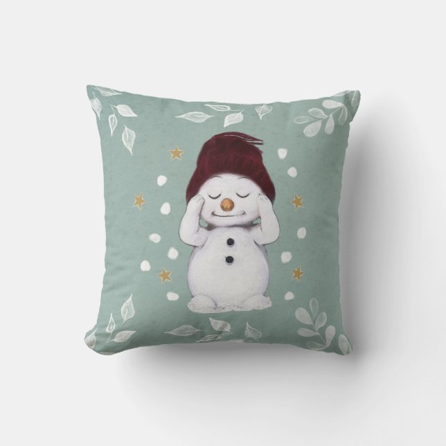 Cute Peaceful Snowman Winter Blue Christmas Throw Pillow (Front)
