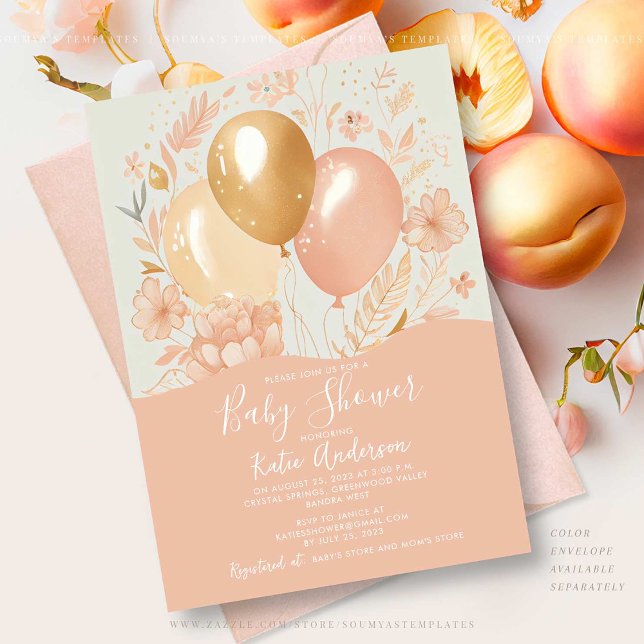 Cute Peach Balloons Baby Shower Invitation (Creator Uploaded)