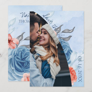 Cute Peach Blue Floral Photo Wedding Save The Date Announcement