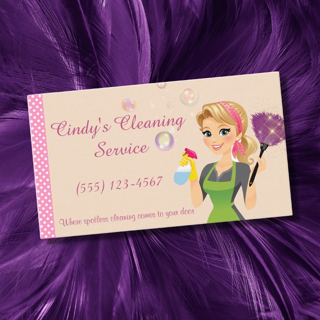 Cute Peach Cartoon Maid House Cleaning Services Business Card (Creator Uploaded)