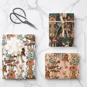 Cute Peach Cottagecore Floral Mushroom Pattern Wrapping Paper Sheet