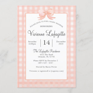 Cute Peach Gingham with Bow Baby Shower Invitation