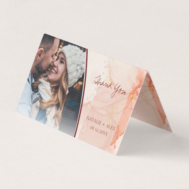 Cute Peach Gold Marble Photo Mariage Merci (Front)