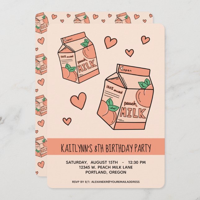 Cute Peach Milk Birthday Party Invitation (Front/Back)