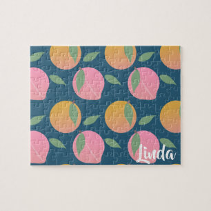 Cute Peach Orange Fruit Pattern Pink Jigsaw Puzzle