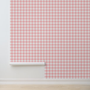 Cute Peach Pink Gingham Pattern Peel and Stick Wallpaper