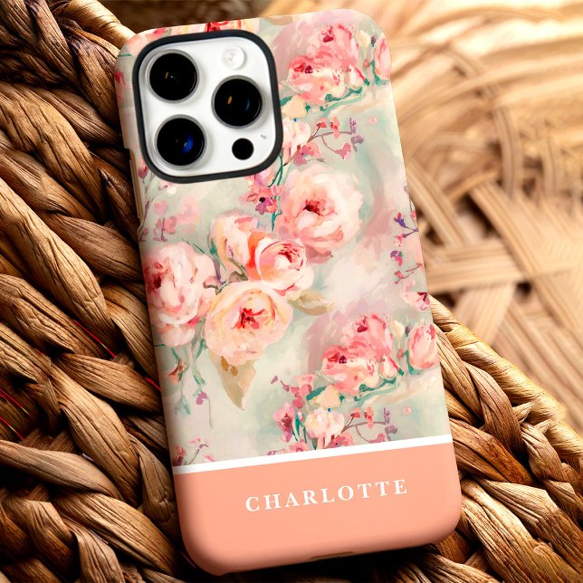Cute Peach Roses Custom Name Floral Case-Mate iPhone Case (Creator Uploaded)