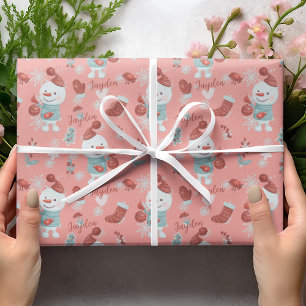 Cute Peach Snowman Cartoon Girl Custom Name Wrapping Paper