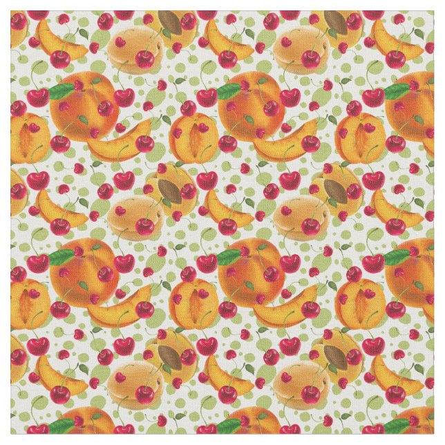 Cute Peaches and Cherries kitchen pattern material Fabric (Close Up)