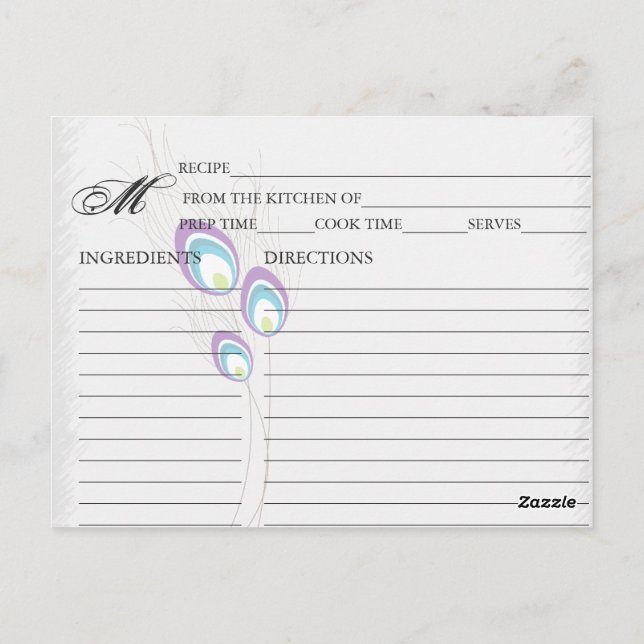 Cute Peacock feather Recipe Cards (Back)