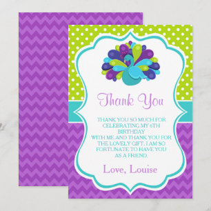 Cute Peacock Green and Purple Birthday Thank You Card
