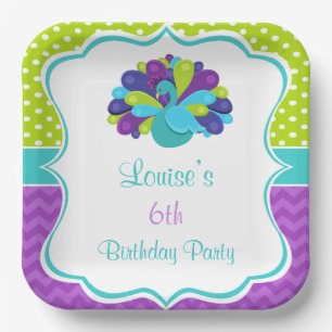 Cute Peacock Green and Purple Paper Plate