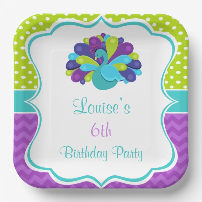 Cute Peacock Green and Purple Paper Plate (Front)