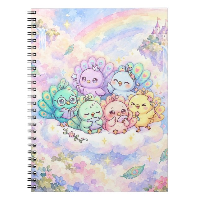 Cute Peacocks Rainbow Spiral Notebook (Front)