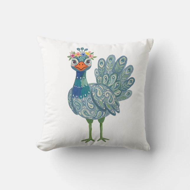 Cute Peahen Floral Throw Pillow (Front)