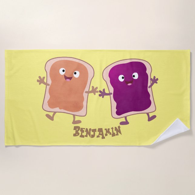 Cute peanut butter and jelly sandwich cartoon beach towel (Front)
