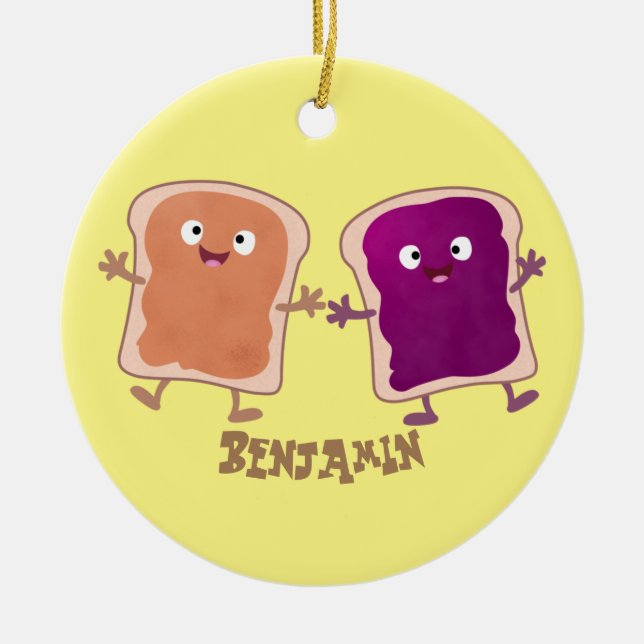 Cute peanut butter and jelly sandwich cartoon ceramic ornament (Front)
