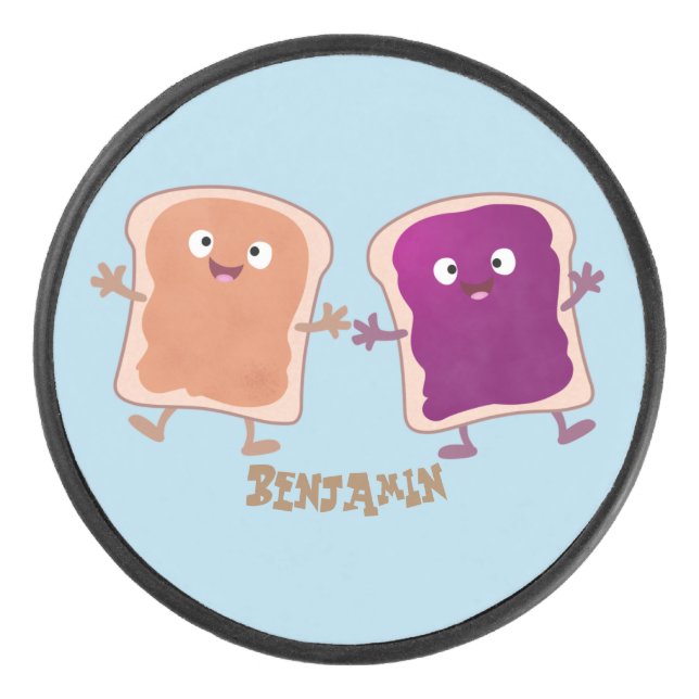 Cute peanut butter and jelly sandwich cartoon hockey puck (Front)